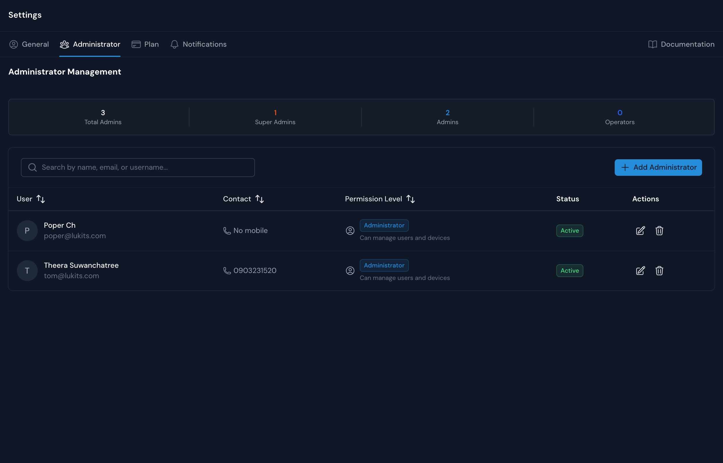Administrator Management Interface