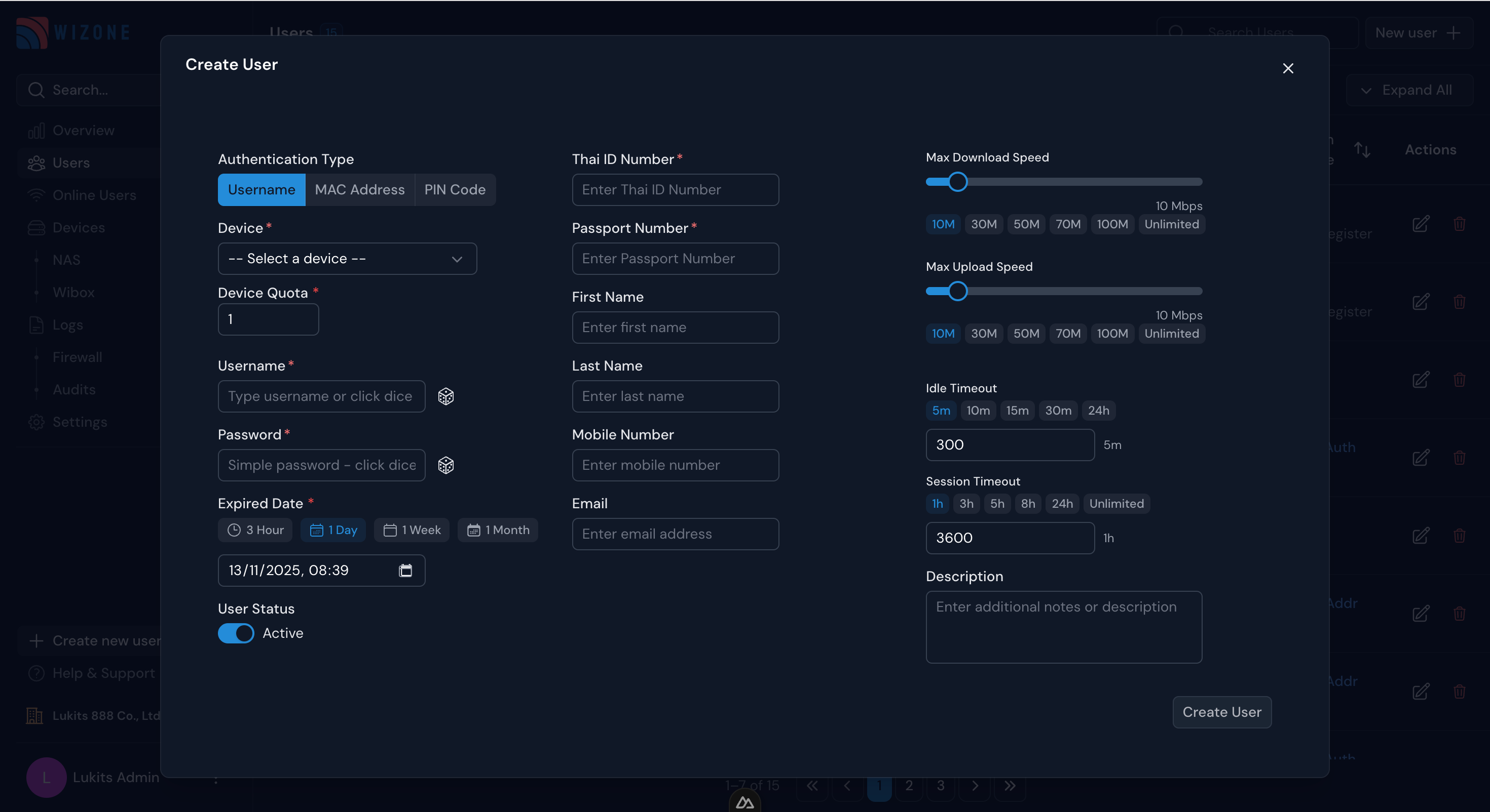 WiZone Create User Page