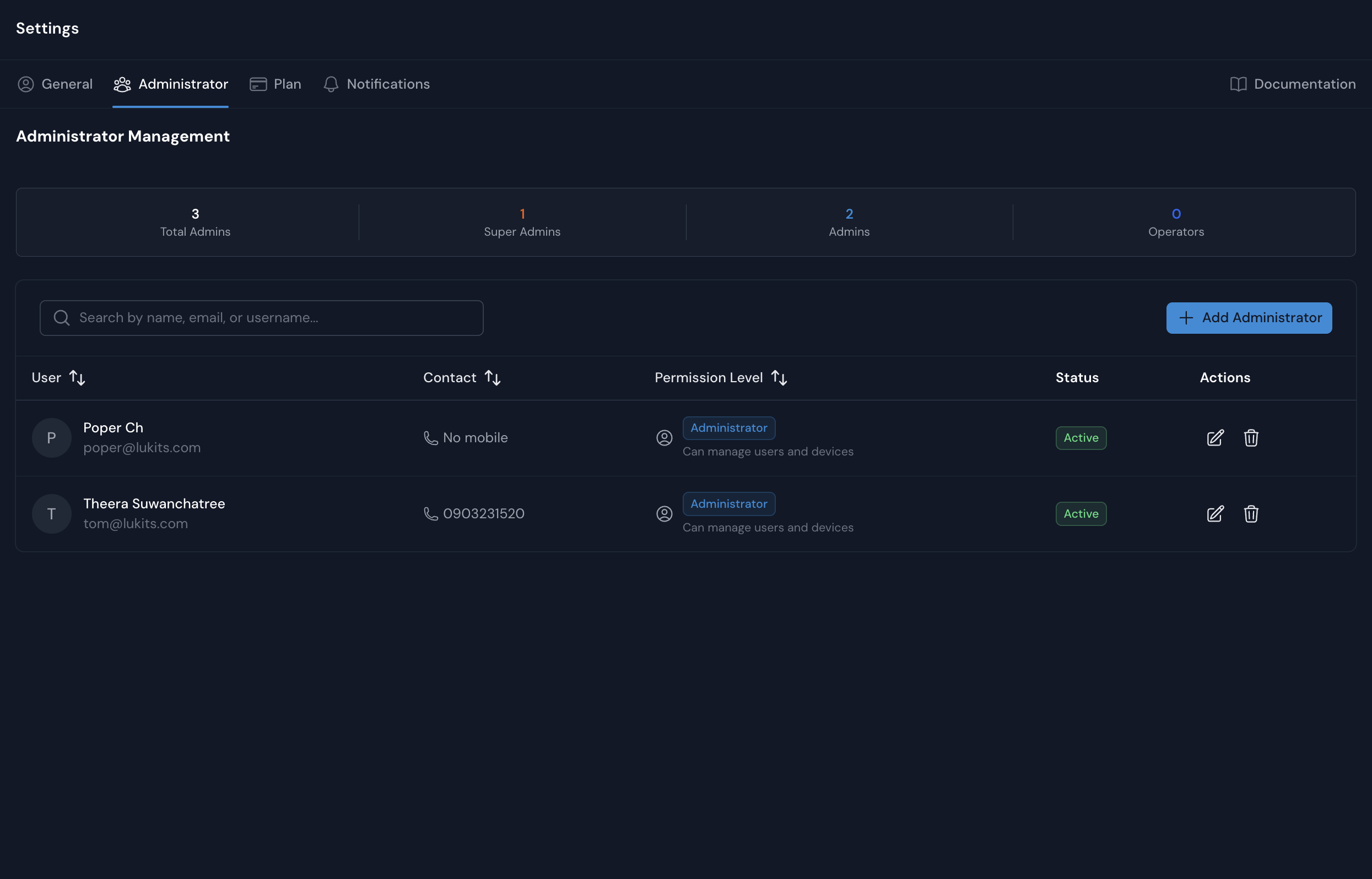 Administrator Management Interface