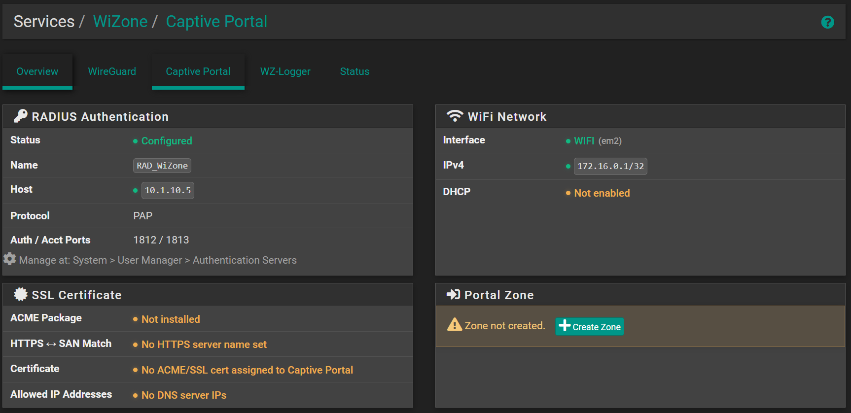 WiZone Captive Portal Status
